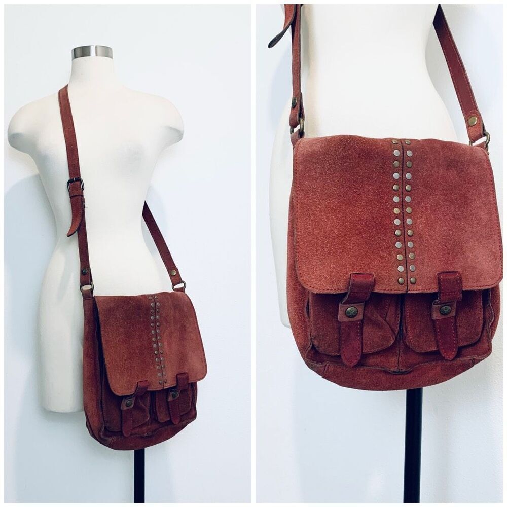 Patricia Nash Red Suede Leather Crossbody Bag Purse Stud Pockets